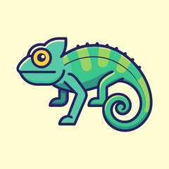 Stylized cartoon chameleon with green skin and a curly tail isolated