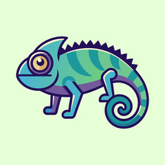 Cartoon Chameleon with Vibrant Colors and Spiraling Tail on Light Green Background