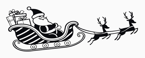 Vintage Santa Claus in Sleigh with Reindeer Silhouette – Classic Black and White Christmas Illustration for Holiday Cards and Decorations.