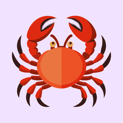 Flat Vector Illustration of a Red Crab with Claws and Legs
