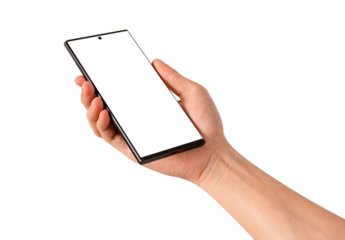 Hand holding smartphone with blank screen isolated. Premium high quality studio shot. Concept for technology, business, finance and advertising.