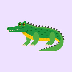 Stylized green cartoon alligator standing on a lavender colored background art