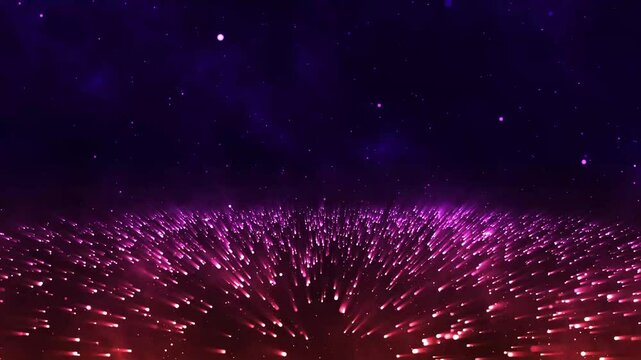 Abstract Red Fairy Lights Shine In The Dark Blue Clouds Deep Space With Shiny Glitter Sparkles Dust Flying