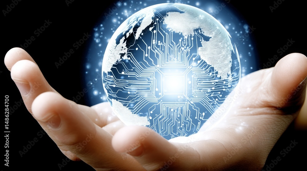 Poster a hand supports a luminous holographic globe featuring glowing digital circuits, illustrating the fu