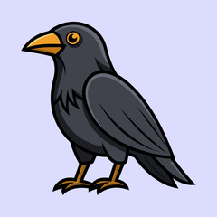 Stylized cartoon raven with yellow beak and feet standing against lavender background