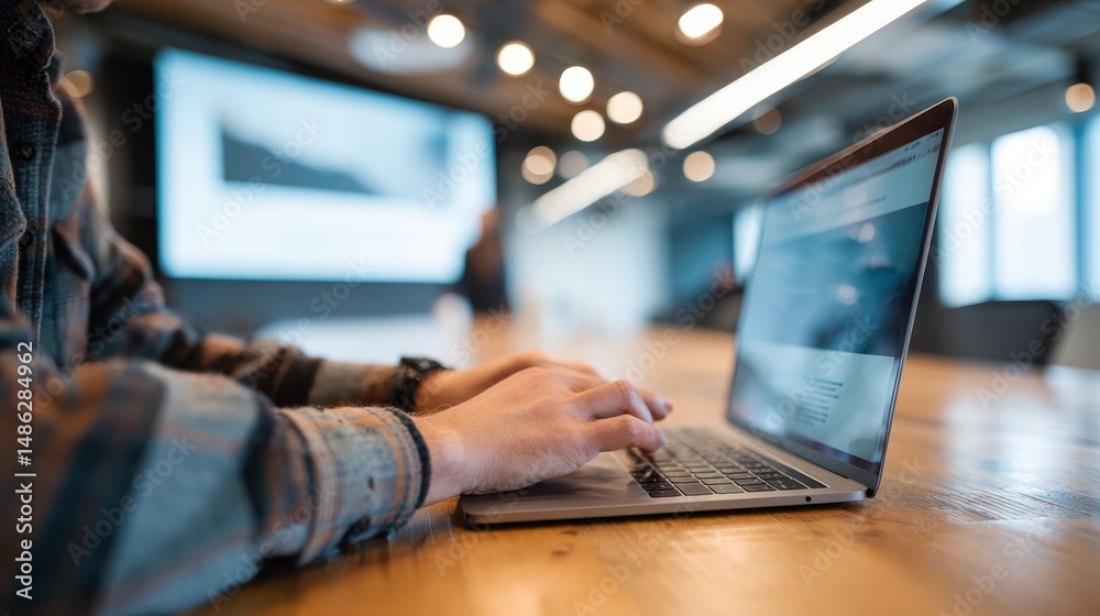 Poster close-up view of hands actively typing on a laptop keyboard in a contemporary workspace, focusing on