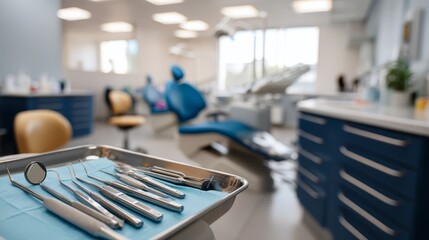 Close-up view of a neatly arranged dental toolset on a tray, showcasing essential instruments in a contemporary dental office setting with a chair behind