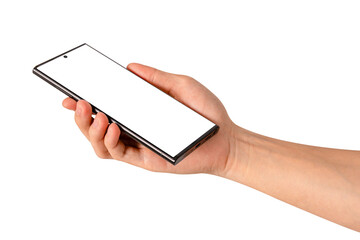 Hand holding smartphone with blank screen isolated. Premium high quality studio shot. Concept for technology, business, finance and advertising.