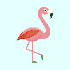 Stylized flamingo standing on one leg in a light blue background
