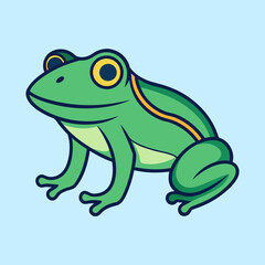 Cute green cartoon frog illustration with big yellow eyes and blue outlines