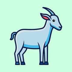 Stylized cartoon goat with light blue coloration against a light green background