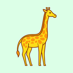 Fototapeta premium Cartoon Giraffe with Orange Spots Standing on Light Green Background Looking Right