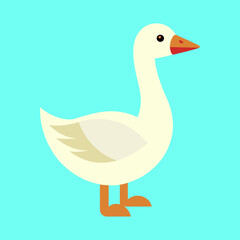 Flat cartoon goose standing on light blue background in profile view