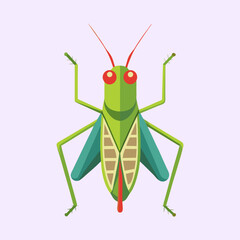 Stylized cartoon grasshopper in green and turquoise with bright red features