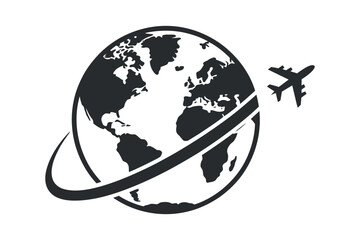 Airplane Flying Around the World Globe Icon for Travel Agency Website or App