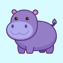 Cartoon hippopotamus standing on a light blue background, ready to play