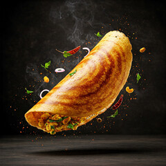 Hot South Indian Masala Dosa Floating Mid-Air in a Dark Moody background