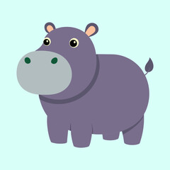 Adorable cartoon hippo stands in a light blue background looking innocent