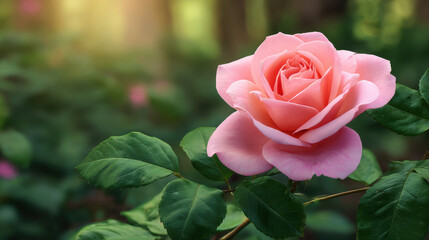 A delicate pink rose blooms beautifully with soft light filte through the leaves, creating a serene and romantic atmosphere in the lush green garden setting.