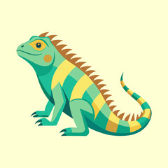 Flat illustration of a striped green iguana on a cream colored background