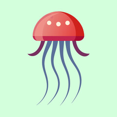 Stylized Red Jellyfish Floating Serenely in a Soft Green Ocean Backdrop