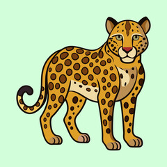 A stylized leopard stands gracefully against a soft green backdrop of nature