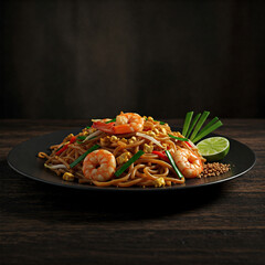 A plate of hot pad Thai with prawns in a dark moody background