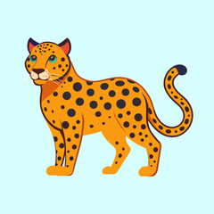 Cartoon Leopard with Black Spots Standing on Light Blue Background Illustration