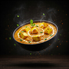 Hot Paneer curry in a bowl floating mid air in a dark mood background