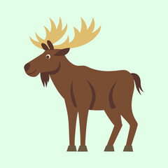Stylized Brown Moose Illustration with Large Antlers Against a Pale Green Background