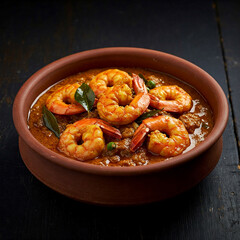 Indian hot and spicy prawns curry in a earthen pot in a dark background