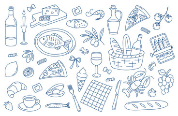 Mediterranean food and picnic doodle set in blue. Hand drawn line art of italian, french and seafood cuisine. La  dolce vita table settings, cafe and  restaurant  menus, branding. Vector isolated.