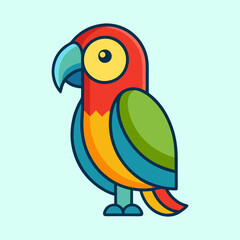 Colorful Cartoon Macaw with Clean Lines Standing on a Light Blue Background