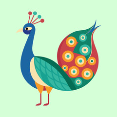 Stylized Peacock Illustration with Bright Colors and Geometric Shapes on Light Green Background