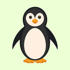 Simple and cute cartoon penguin standing upright on a light green background