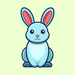 Cartoon illustration of a charming light blue rabbit with pink ears