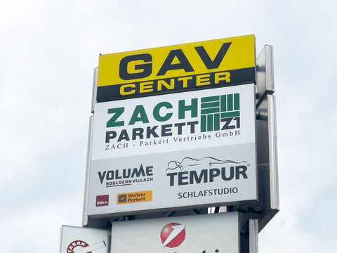Commercial signage featuring gav center, zach parkett vzi, volume, and tempur logos