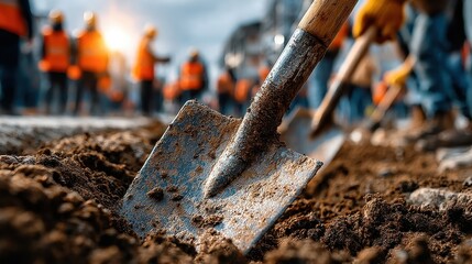 Workers digging at construction site with shovels, close-up of tools and vest