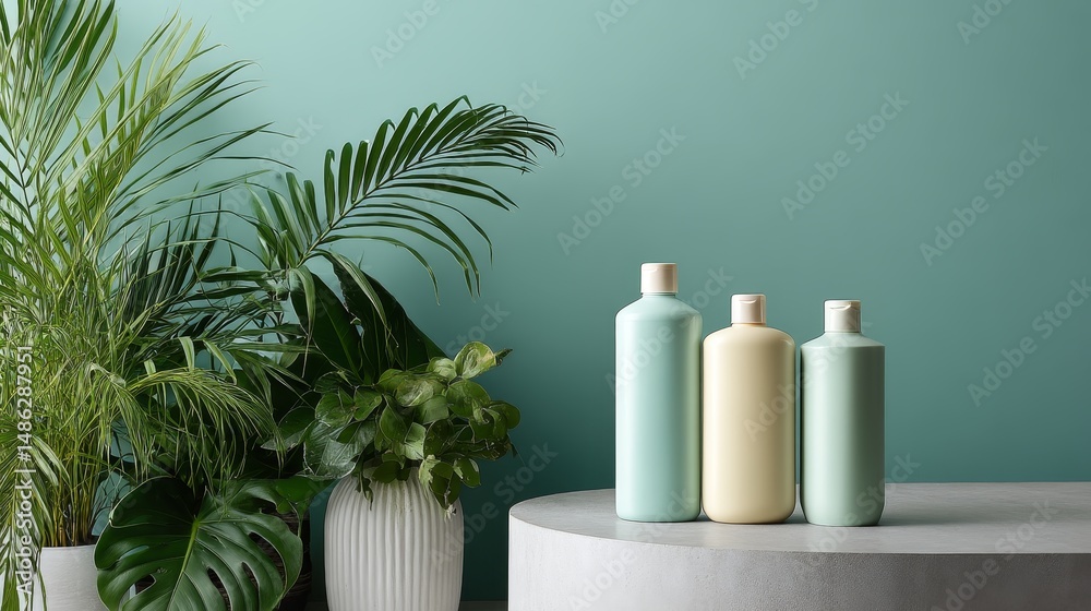 Poster three stylish bottles in green and beige stand on a round surface surrounded by lush plants, creatin