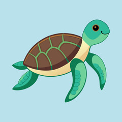 Cute Cartoon Sea Turtle with Brown Shell Swimming in a Light Blue Sea