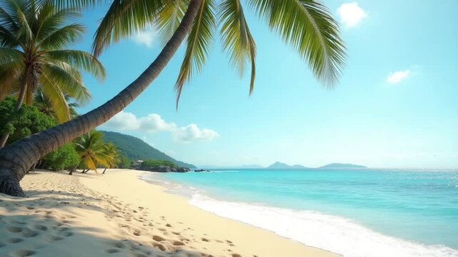 A sandy beach with palm trees and the ocean in the background