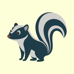 Cute cartoon skunk with bushy tail and distinctive stripe pattern standing still