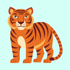 Cartoon Tiger Standing Tall with Brown Stripes Against Light Blue Background