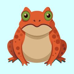 Cartoon orange frog with big green eyes on a light blue background