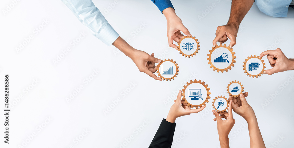 Poster this image showcases a diverse group of hands collaboratively holding gears, symbolizing business st