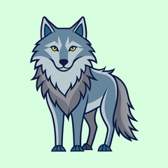 Cartoon wolf standing and looking forward with a soft green background
