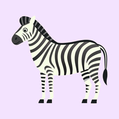 Stylized zebra with bold black and white stripes on a lilac backdrop