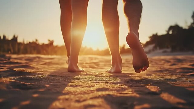 Barefoot couple walking on sand at sunset.
