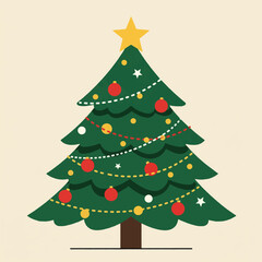 A decorated Christmas tree. It is green and has a brown trunk, topped with a yellow star. The tree is adorned with red and yellow ornaments, small white stars, and strings of white and red lights.