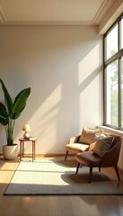 Fototapeta premium A serene mediation room, bathed in soft natural light, features comfortable seating and calming decor, ideal for peaceful reflection and conflict resolution , furniture, room